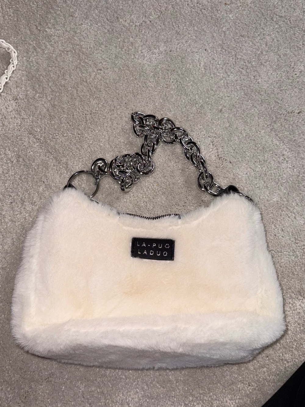 Cream Faux Fur Chain Shoulder Bag